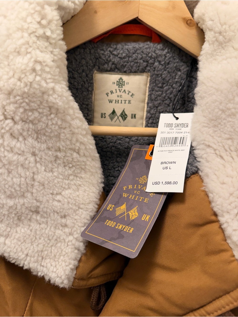 Private White Todd Snyder Tan Trench Coat with White Sherpa Collar size L Jeep - Picture 4 of 13